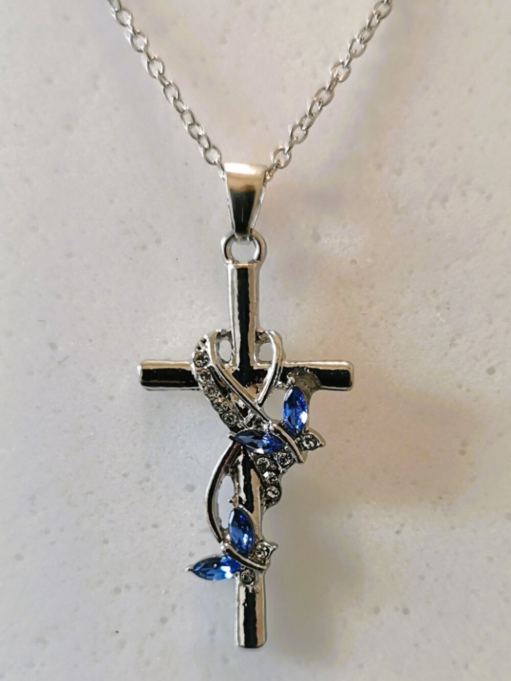 Elegant Blue Crystal Cross Necklace